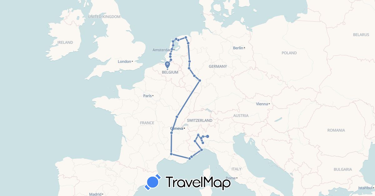 TravelMap itinerary: driving, cycling in Belgium, Germany, France, Italy, Netherlands (Europe)