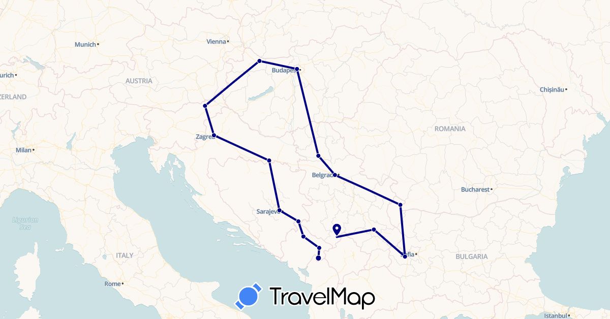 TravelMap itinerary: driving in Bosnia and Herzegovina, Bulgaria, Croatia, Hungary, Montenegro, Serbia, Slovenia (Europe)