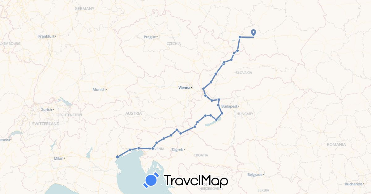TravelMap itinerary: driving, cycling in Hungary, Italy, Poland, Slovenia, Slovakia (Europe)